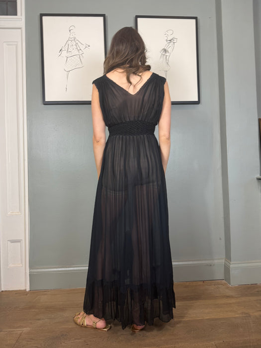 Christa, 30s black smocked chiffon dress