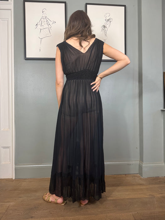 Christa, 30s black smocked chiffon dress