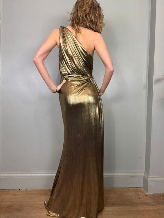 Davika, liquid gold Goddess gown