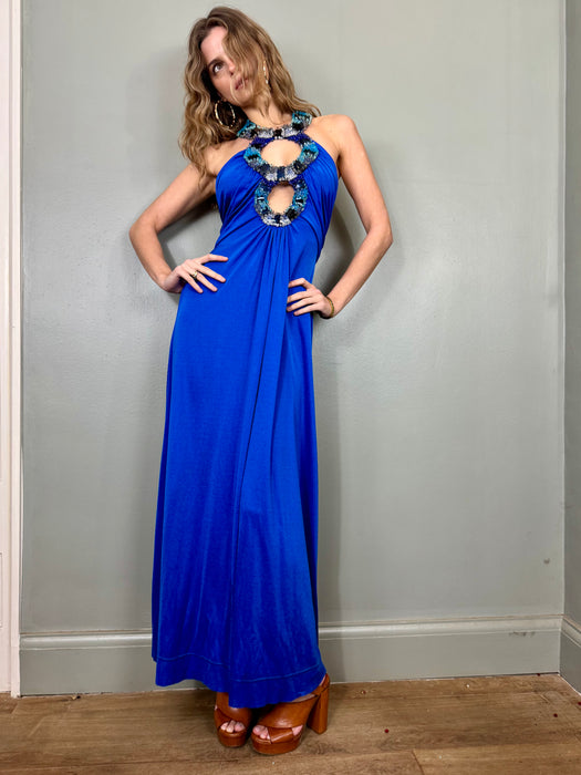 Loris Azzaro, cobalt blue 70s jersey and beaded dress