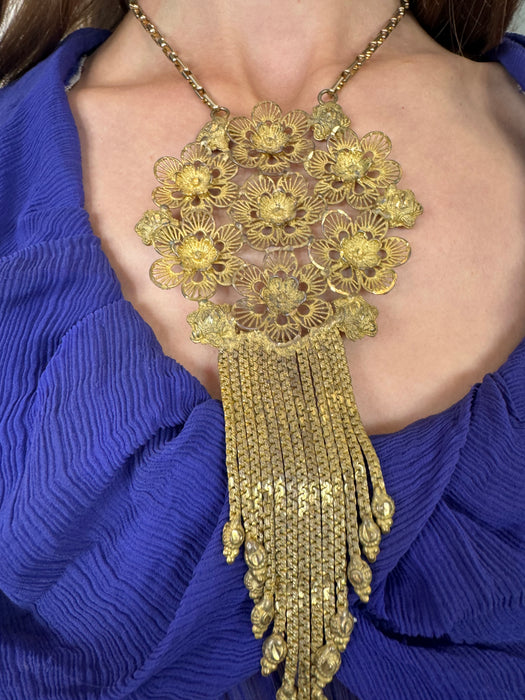 Jasmir, gold filigree fringed pendant necklace