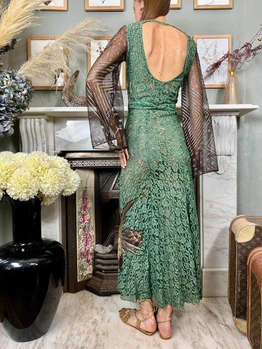 Iona, 30s green lace and assuit embroidered dress