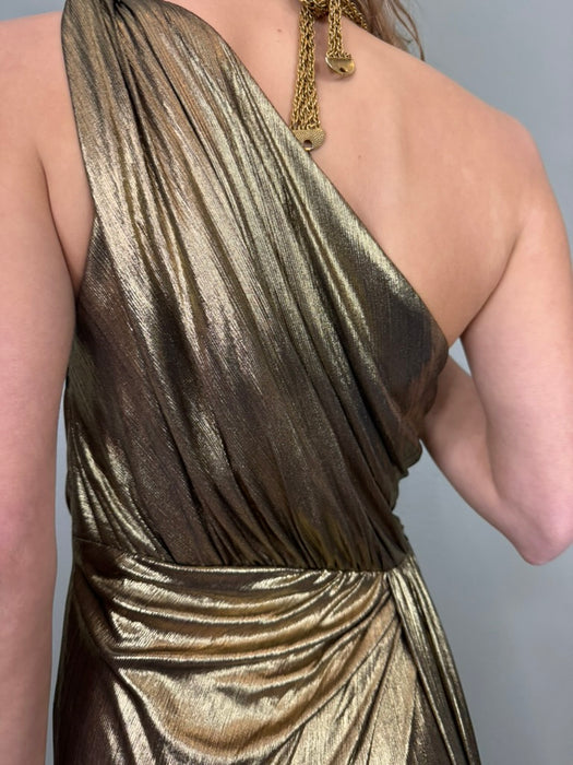 Davika, liquid gold Goddess gown