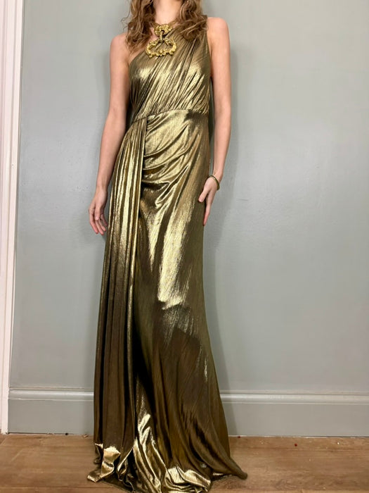 Davika, liquid gold Goddess gown