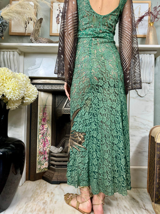 Iona, 30s green lace and assuit embroidered dress