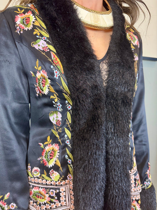 Caché, 80s embroidered silk faux fur coat