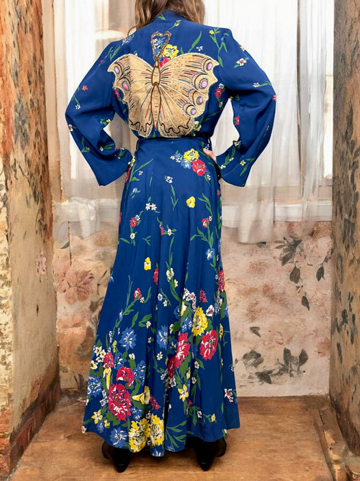 Charlie, 40s floral robe with butterfly embroidery