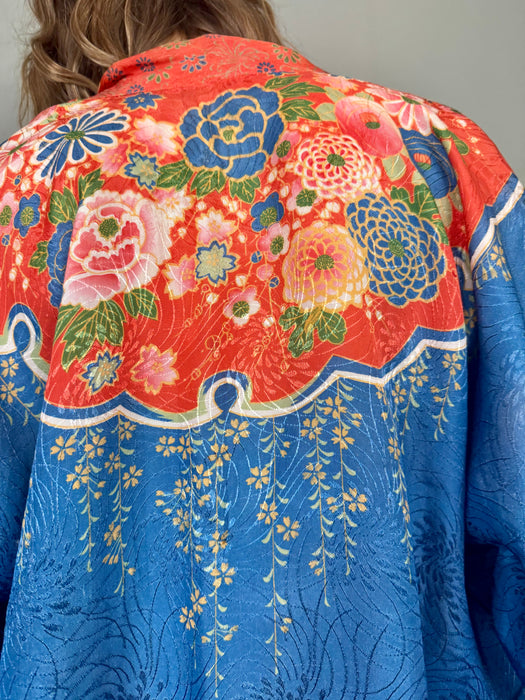 Pines, 40s Japanese silk floral embroidered kimono