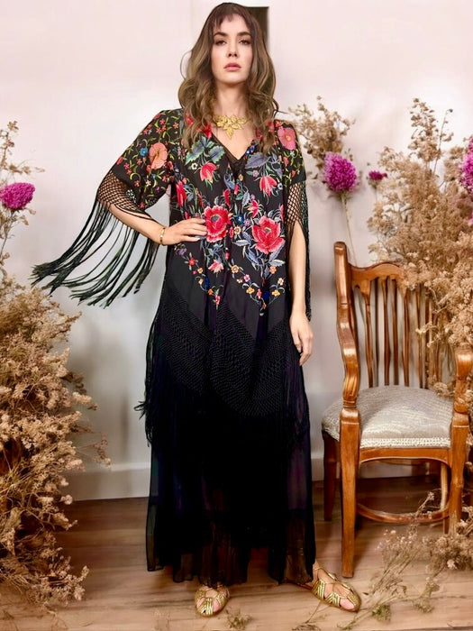 Cyril, reworked fringed floral embroidered piano shawl jacket