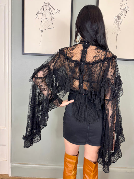 Rodarte, vintage black lace angel sleeve blouse