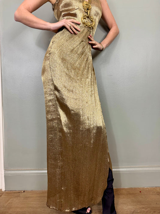 Olga, 20s gold lamé Goddess draped dress