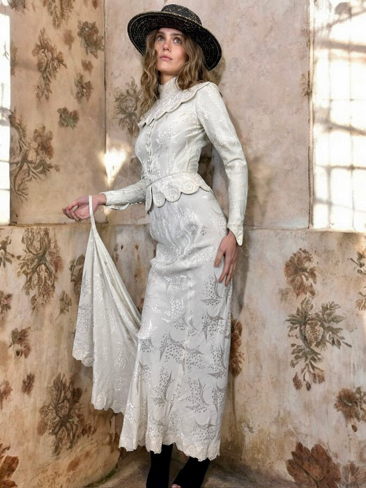 Calla. vintage white silk damask, bias cut fishtail gown