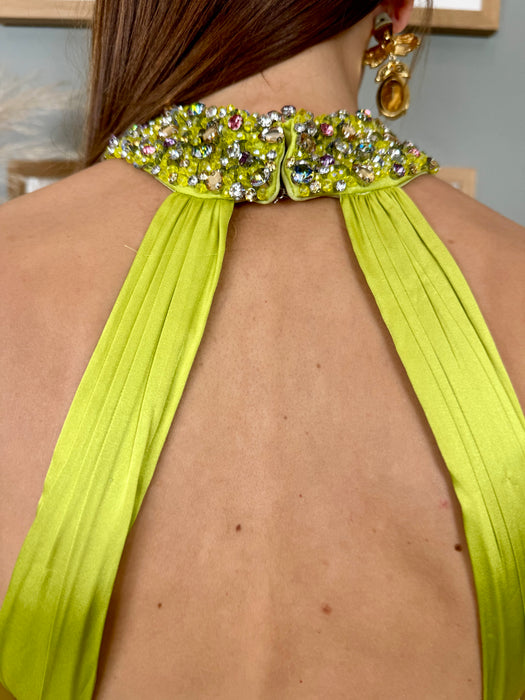 Lina, lime green silk and beaded dress