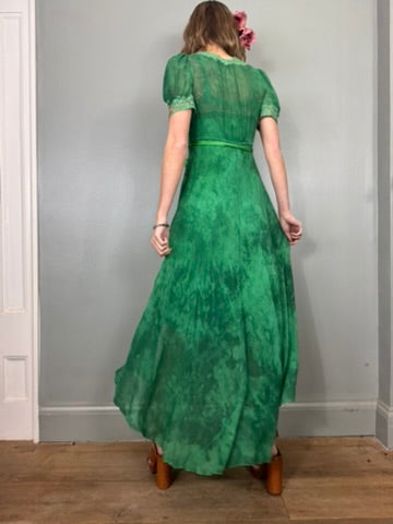 Sofia, 20s dyed emerald green silk slip dress and robe