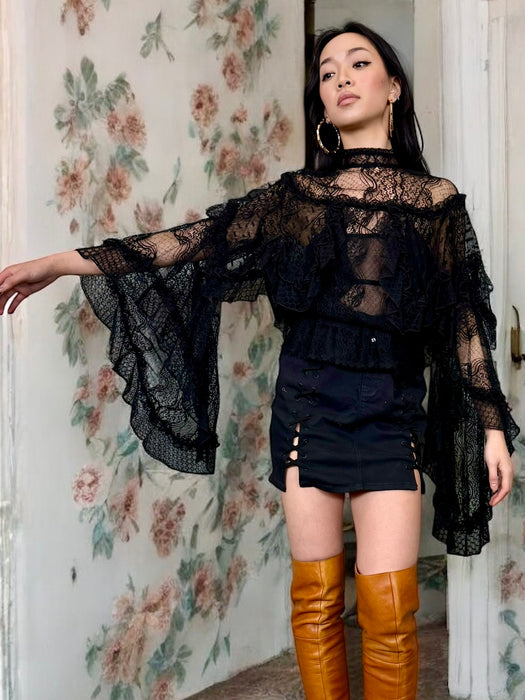 Rodarte, vintage black lace angel sleeve blouse