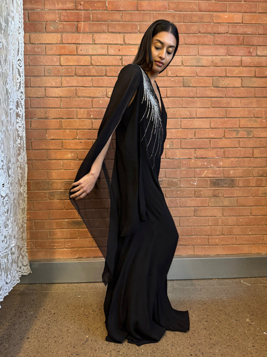 Virna, 30s black bias cut dress with angel sleeves and rhinestone detail