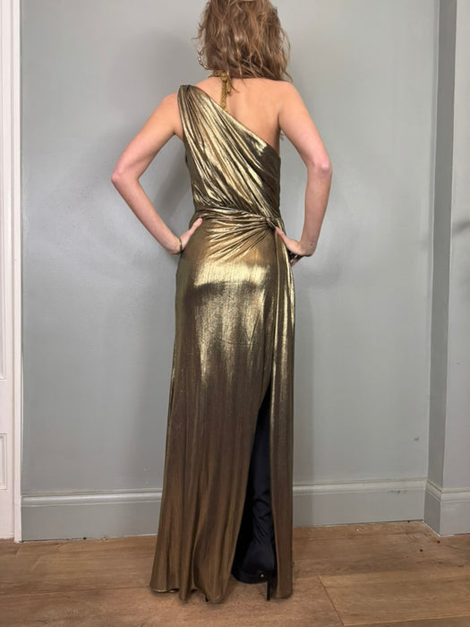 Davika, liquid gold Goddess gown