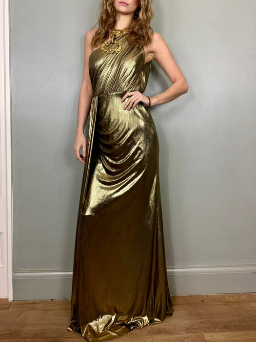 Davika, liquid gold Goddess gown