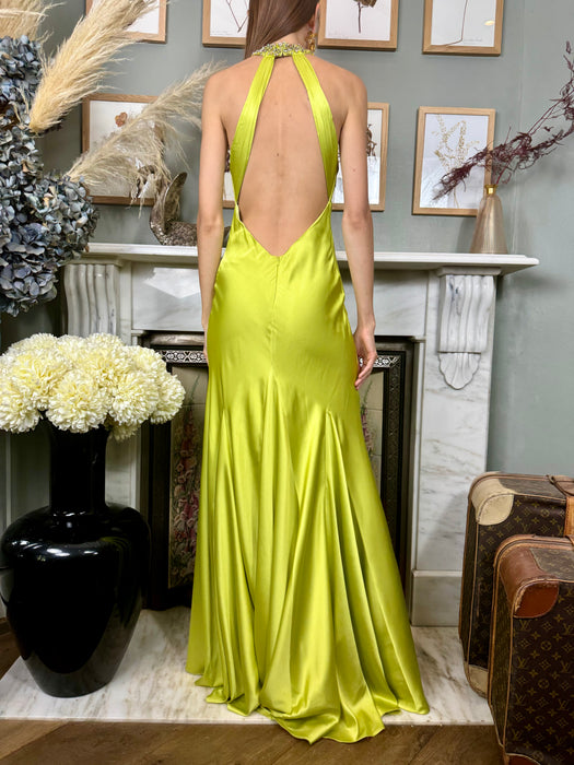 Lina, lime green silk and beaded dress