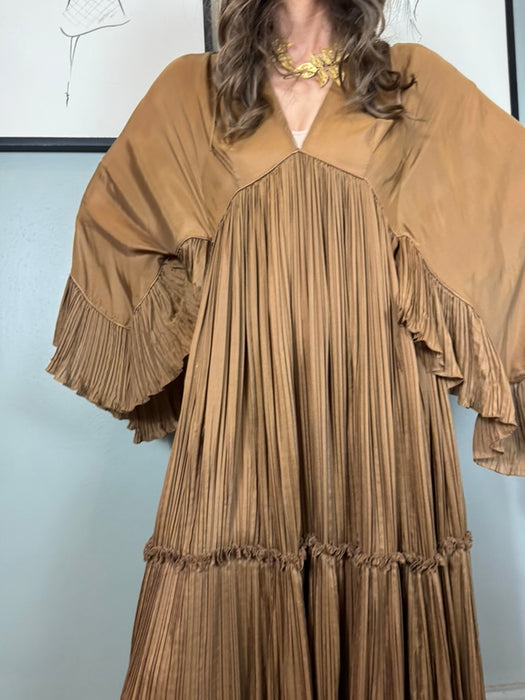 Alberta Ferretti, 90s camel silk pleated dress