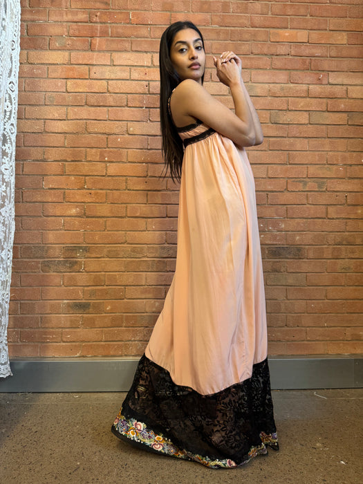Shirah, 20s peach silk and black lace dress