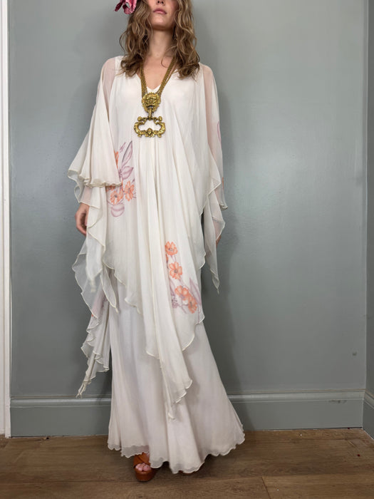 Nola, 70s pale grey floral chiffon angel sleeve dress