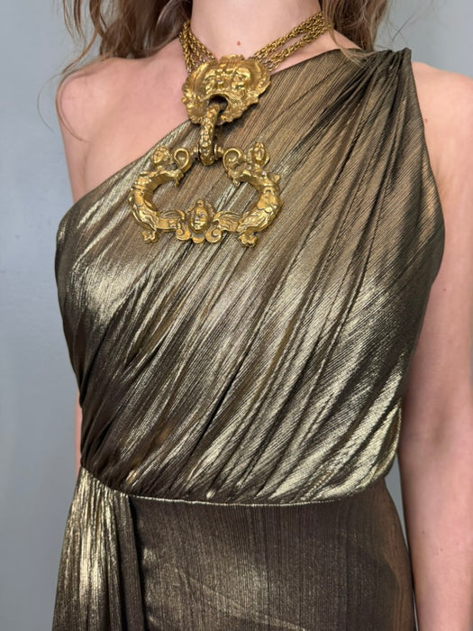 Davika, liquid gold Goddess gown