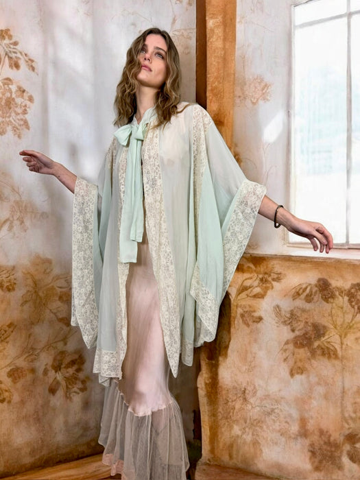 Opera, aqua silk and lace cover up robe