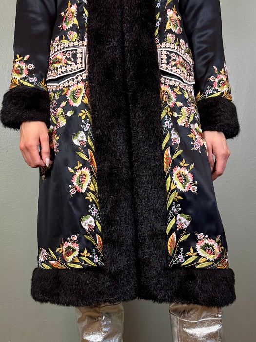 Caché, 80s embroidered silk faux fur coat