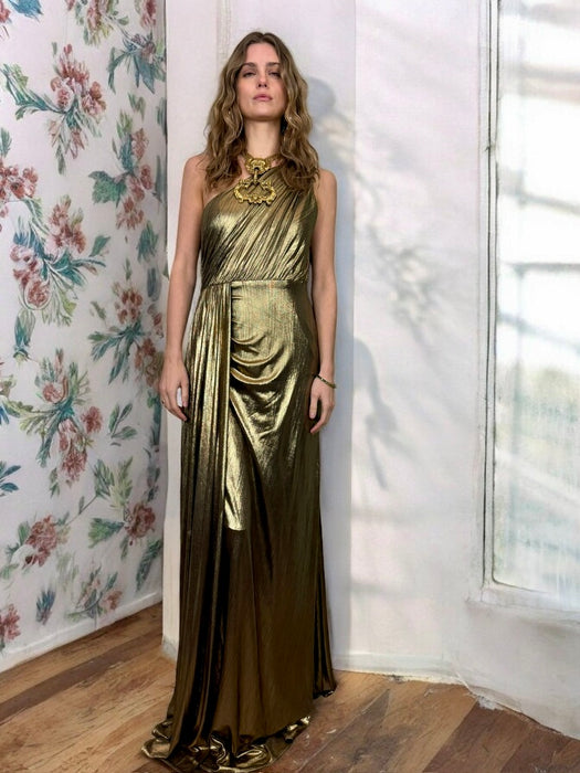 Davika, liquid gold Goddess gown