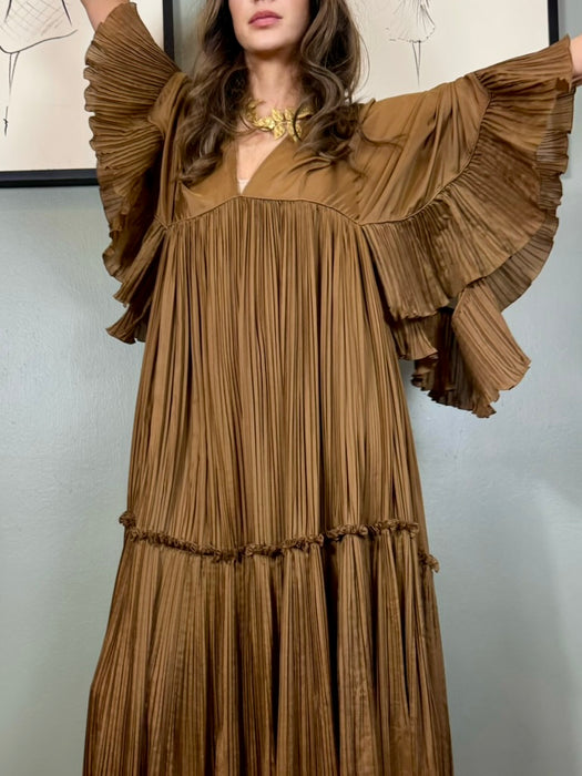 Alberta Ferretti, 90s camel silk pleated dress