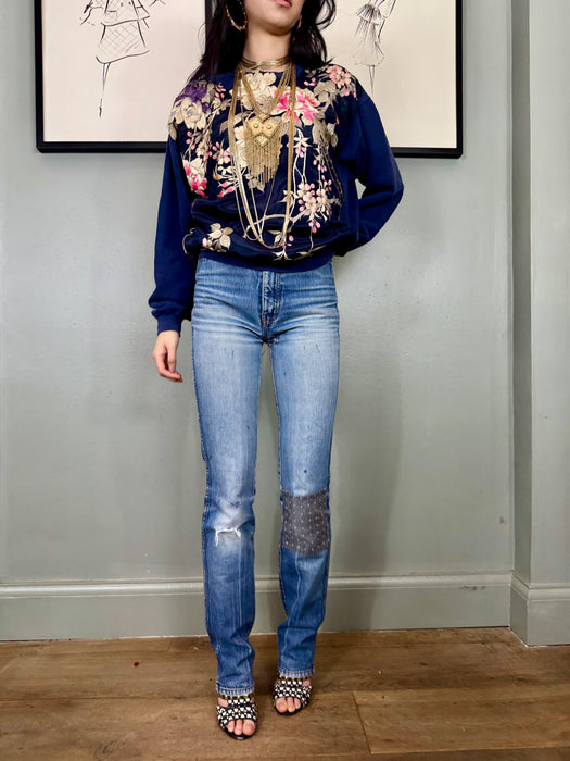 Mena, vintage sweatshirt with floral embroidery on silk