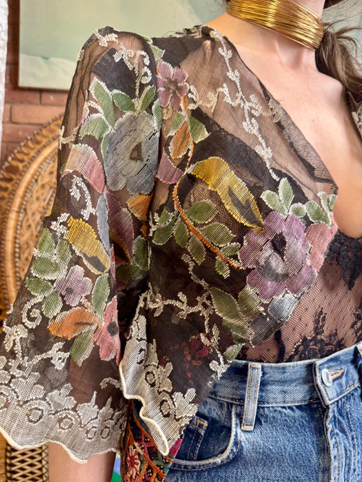 June, 70s floral voile and 40s Indian embroidered jacket