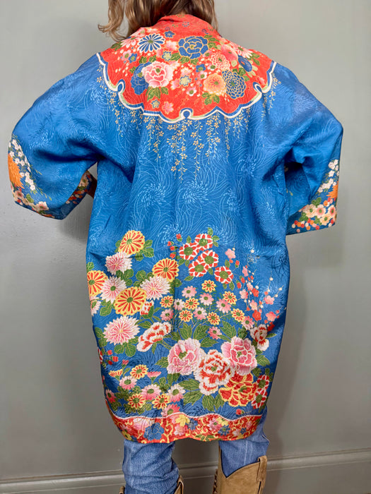 Pines, 40s Japanese silk floral embroidered kimono