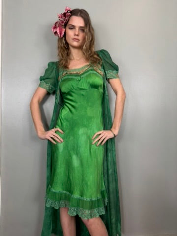 Sofia, 20s dyed emerald green silk slip dress and robe