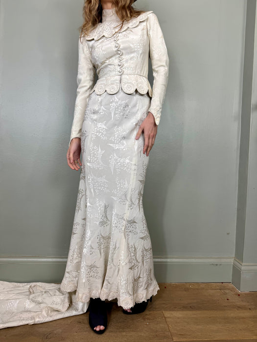 Calla. vintage white silk damask, bias cut fishtail gown