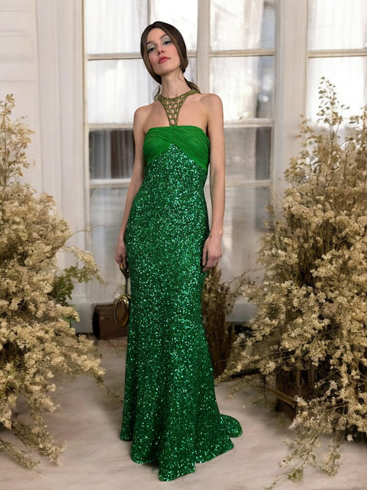 Clara, vintage green sequins dress with rhinestone collar and belt