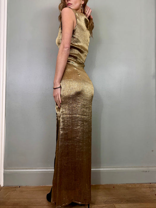 Olga, 20s gold lamé Goddess draped dress