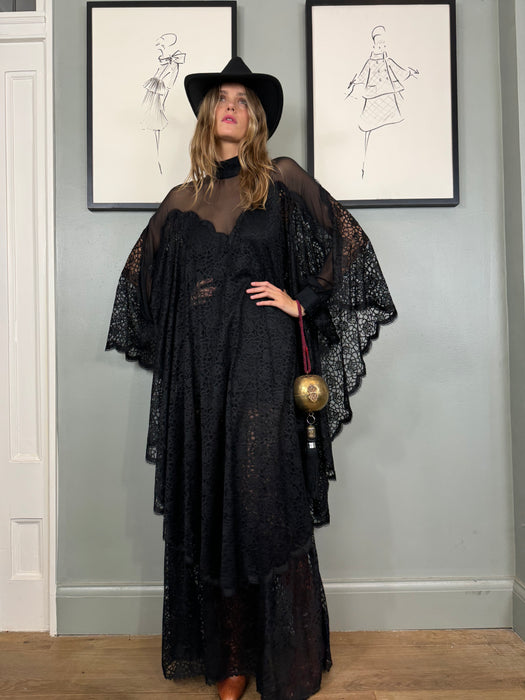 Fox, 70s black lace and chiffon dress