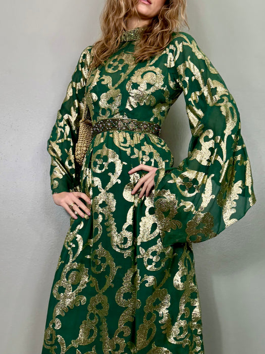 Bodil, 70s silk beaded lamé angel sleeve dress