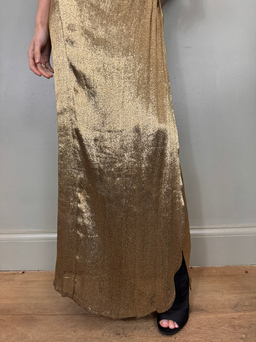 Olga, 20s gold lamé Goddess draped dress