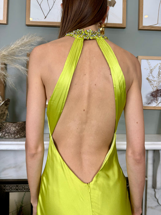 Lina, lime green silk and beaded dress