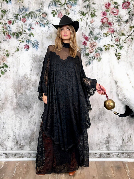 Fox, 70s black lace and chiffon dress