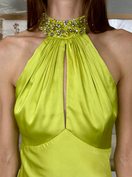 Lina, lime green silk and beaded dress