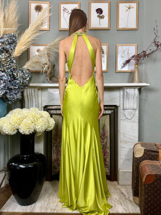 Lina, lime green silk and beaded dress