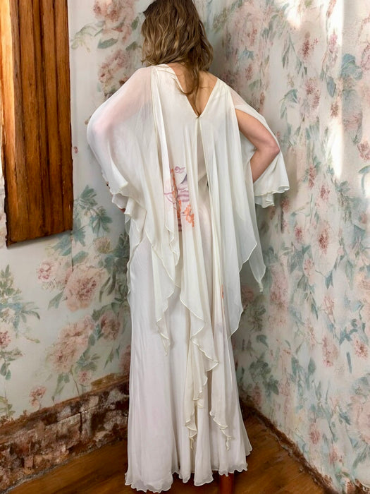 Nola, 70s pale grey floral chiffon angel sleeve dress