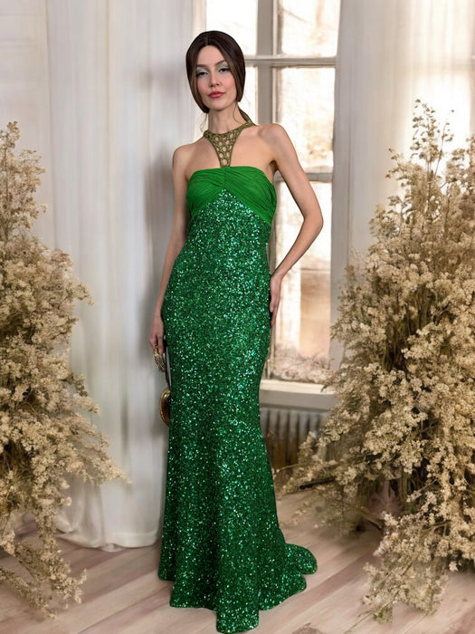 Clara, vintage green sequins dress with rhinestone collar and belt