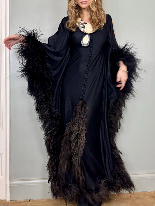 Oscar, 70s feather trim kaftan dress