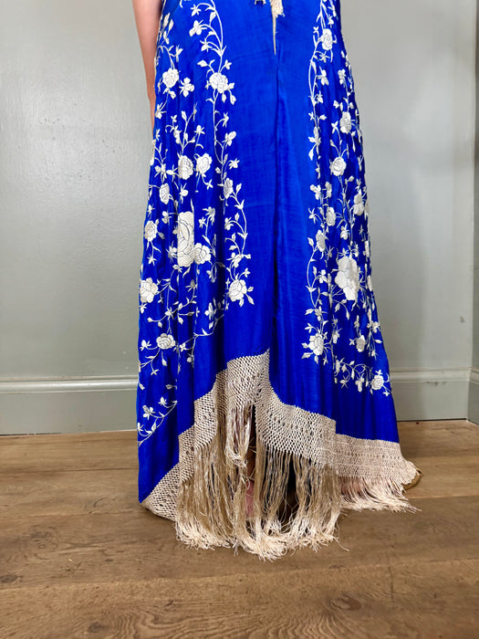 Sadie, reworked antiue cobalt blue and cream floral antique piano shawl