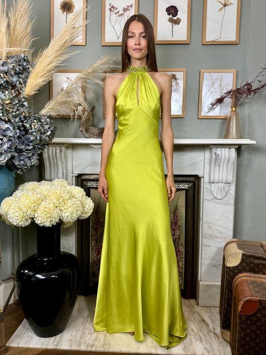 Lina, lime green silk and beaded dress